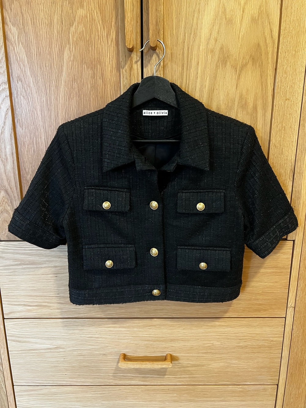 Alice + Olivia Elle Tweed Cropped Jacket Black Gold Size 4 Tailored Chic